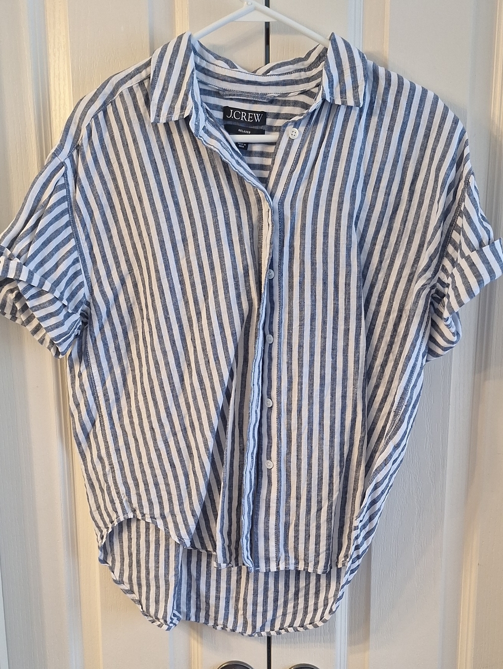 J. Crew Relaxed Linen Blue and White Vertical Stripe Short-Sleeve Button-Down